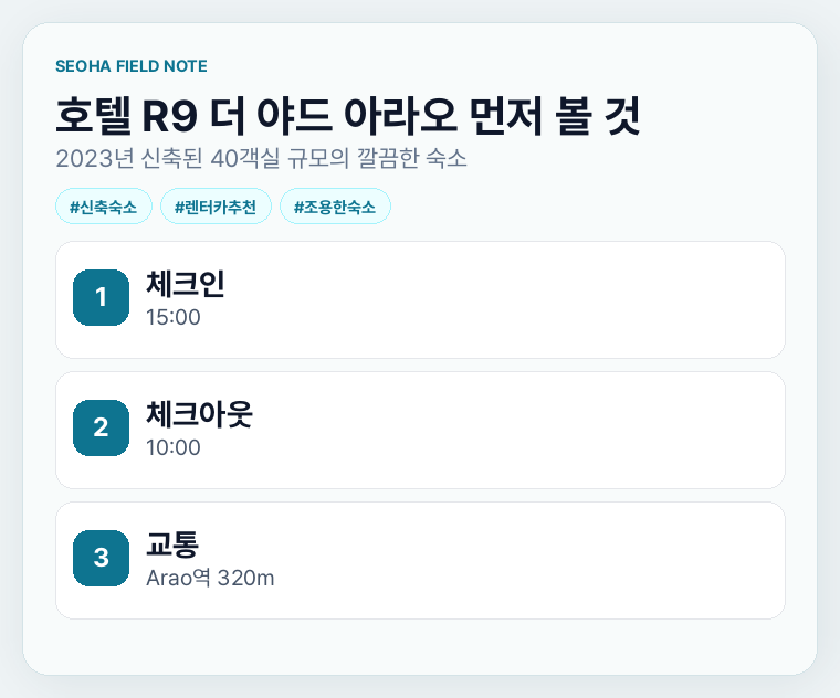 호텔 R9 더 야드 아라오 먼저 볼 것